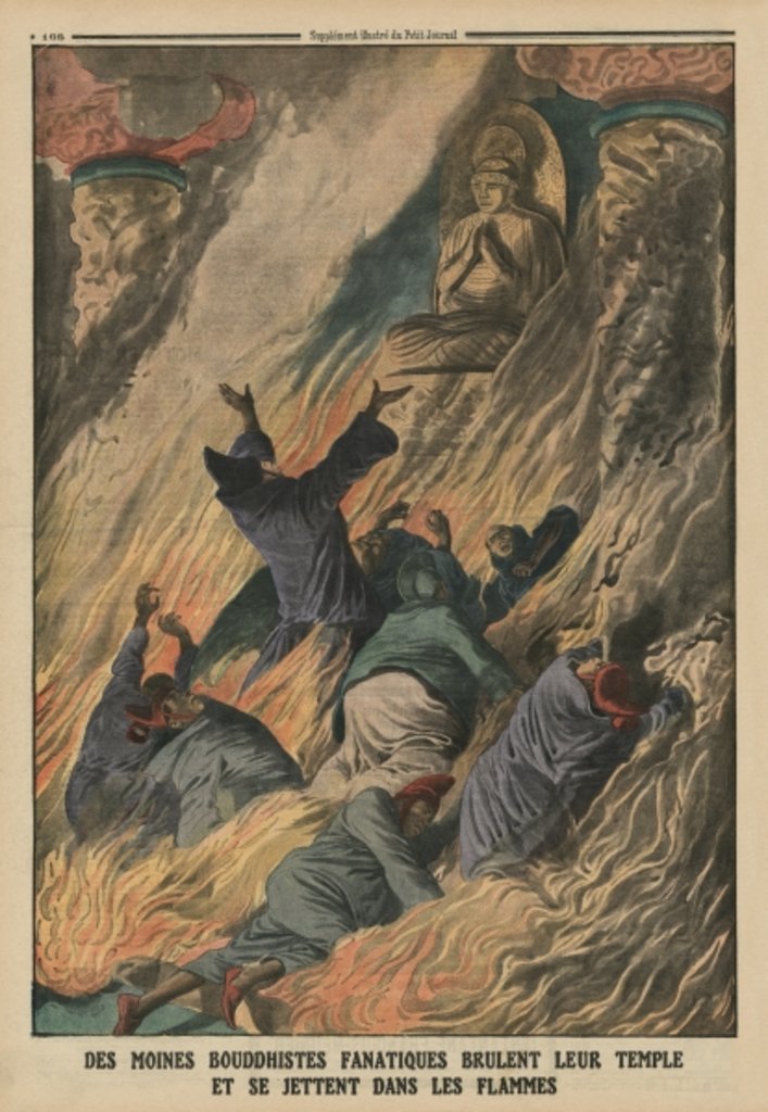 Detail of Fanatic Buddhist monks set their temple on fire and throw themselves into the flames, Island of Formosa by French School
