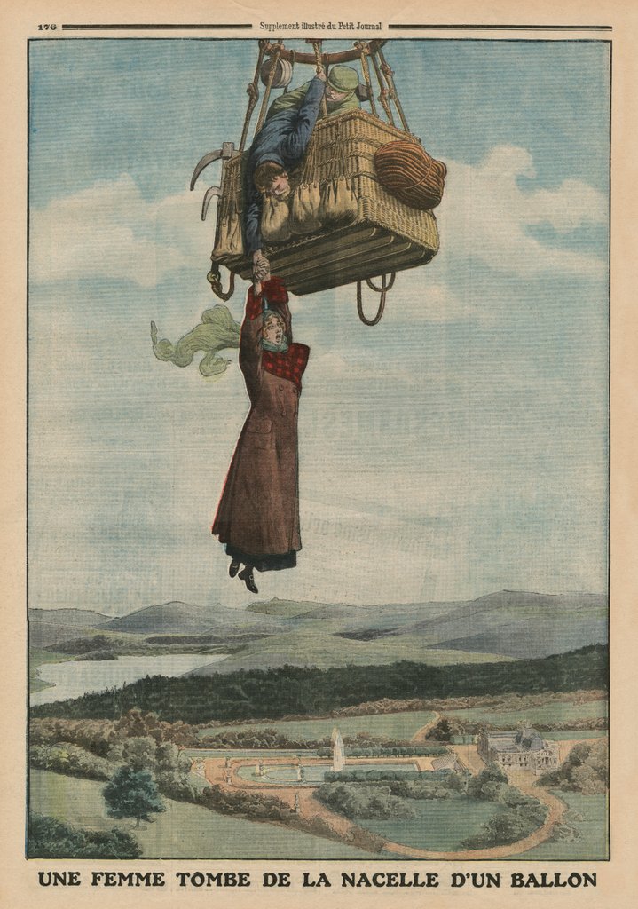 Detail of A woman falling down from the gondola of a balloon by French School