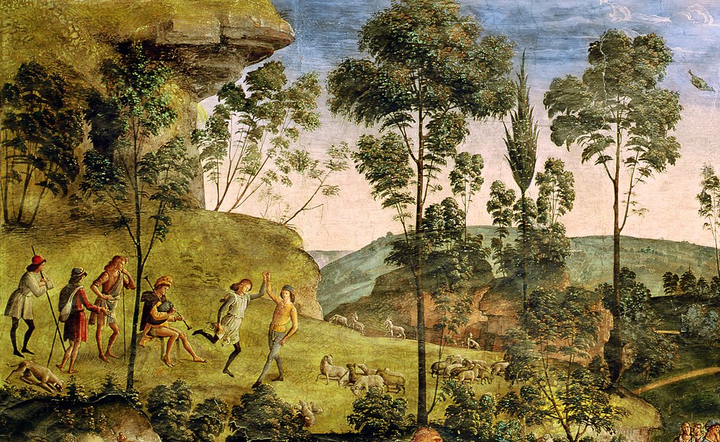 Detail of Goatherds and shepherds making music and dancing by Pietro Perugino