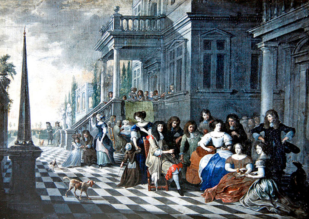 Detail of Characters making music in front of a palace, 1672 by Hieronymus Janssens