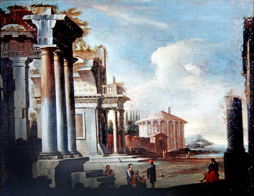 Detail of Principal monuments of Ancient Rome: Temple of Vesta by Viviano Codazzi