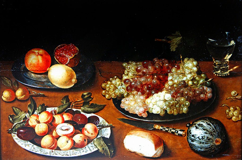 Detail of Still life with grapes, pomegranates and apricots by Osias the Elder Beert