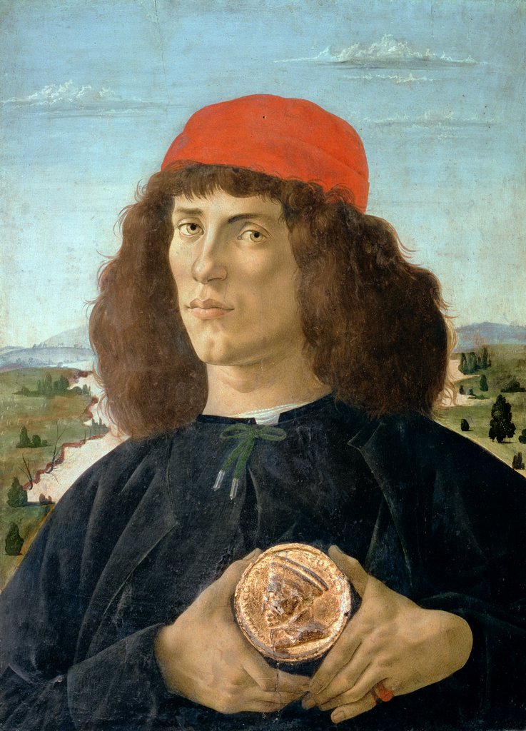 Detail of Portrait of a young man holding a medallion of Cosimo I de' Medici ('The Elder') by Sandro Botticelli