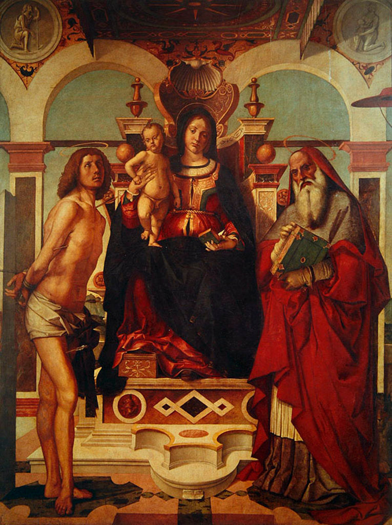 Detail of Madonna and Child enthroned with Saint Jerome and Saint Sebastian by Andrea Mantegna