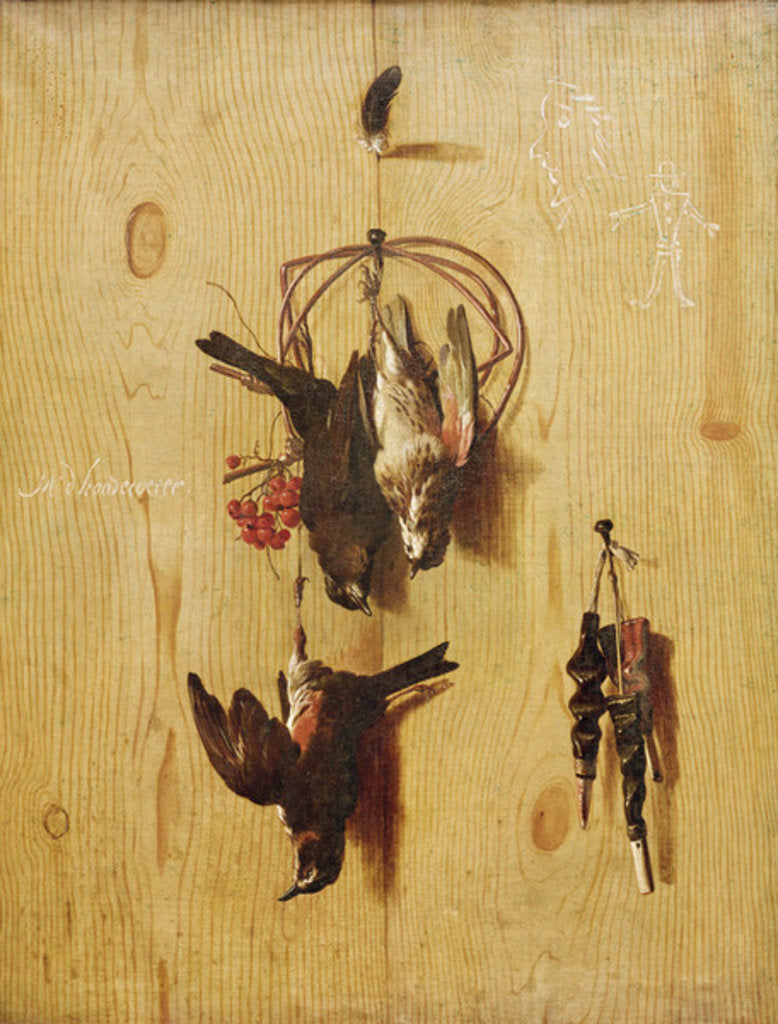 Detail of Trompe-l'oeil with redwings and a fieldfare, c.1660-70 by Melchior de Hondecoeter