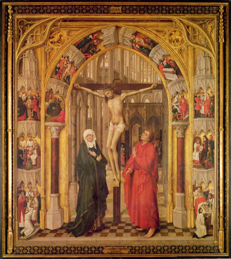 Detail of Christ on the Cross, with the Virgin Mary and Saint John under an archway with Gothic tracery leading to a church, central panel from the Redemption Triptych, c.1460 by Vrancke van der Stockt