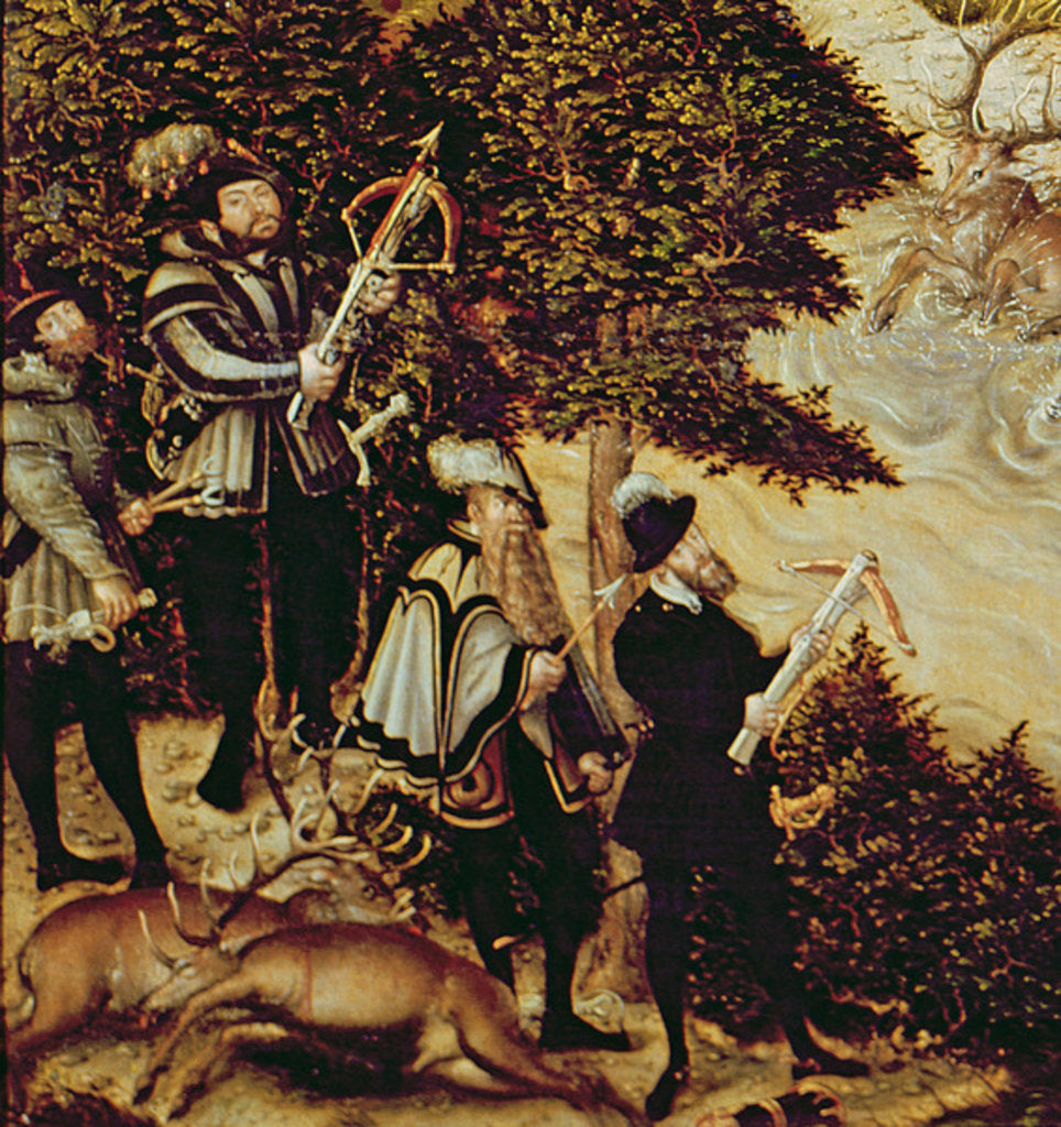 Detail of Johann Friedrich the Magnanimous, Elector of Saxony and Emperor Charles V hunting deer near Hartenfels Castle, Torgau, 1544 by Lucas the Elder Cranach