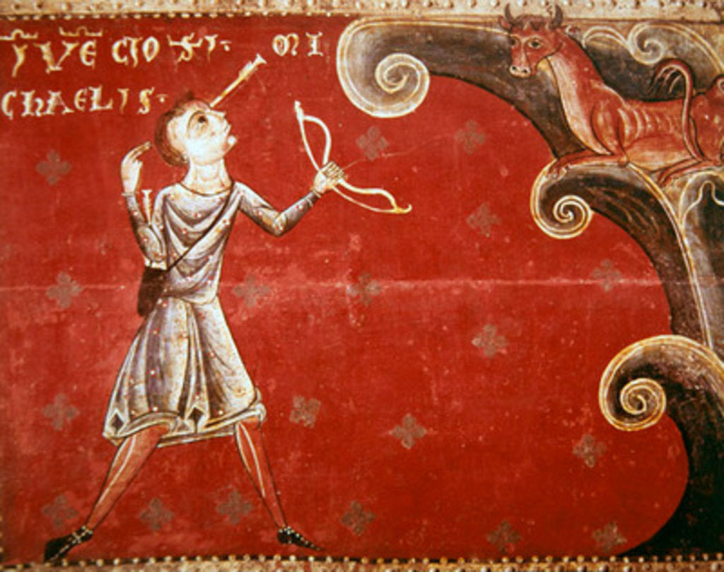 Detail of The arrow shot to kill a bull that had escaped from the herd on Mount Gargano returns to smite the shooter on the order of Saint Michael by Master of Llussà