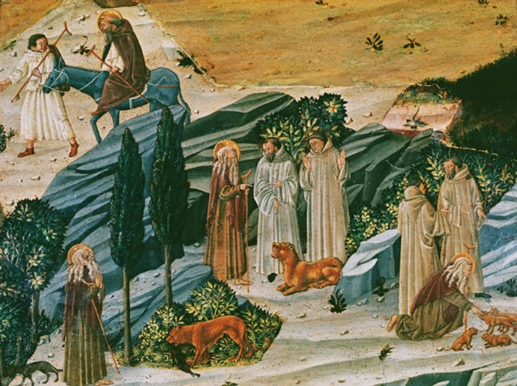 Detail of Saint Gerasimus in the Thebaid desert with the lion he tamed by removing a thorn from its paw, c.1440 by School Tuscan