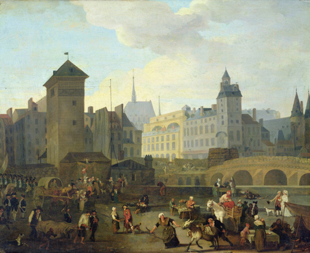 Detail of Quai de Gesvres, the Palais and Notre Dame Pump, c.1791 by Jacques Albert Senave