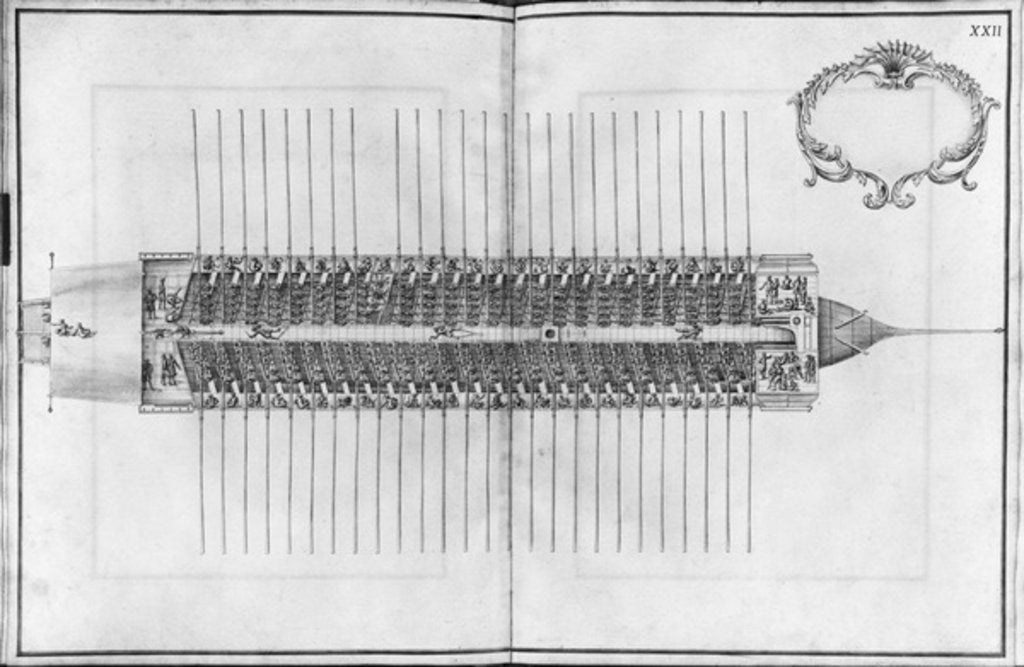 Detail of Building, equipping and launching of a galley, view from above of a galley by French School