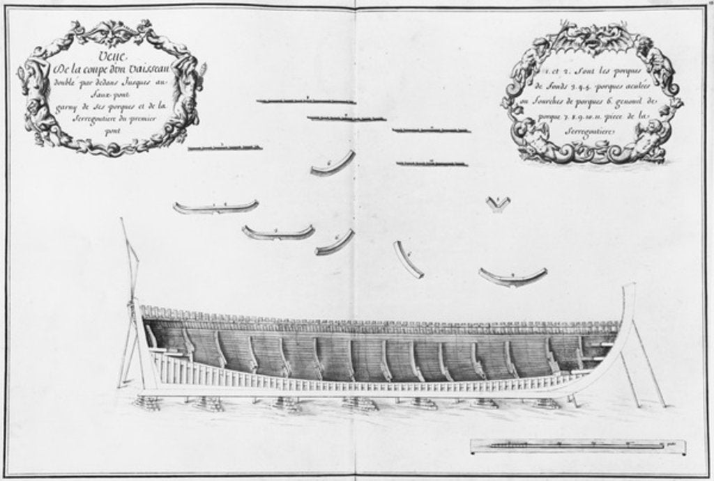 Detail of Cross-section of a vessel lined inside up to the false deck by French School