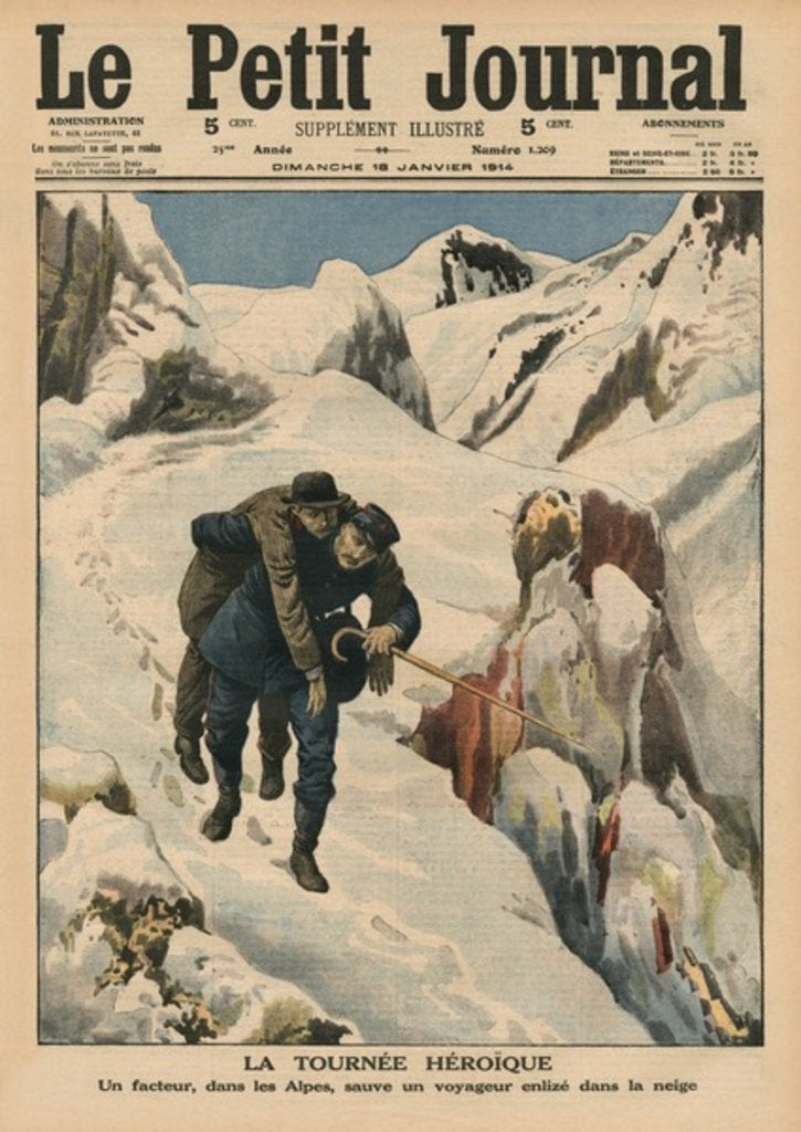 Detail of An heroic round, an Alpine postman rescuing a traveller stuck in the snow by French School