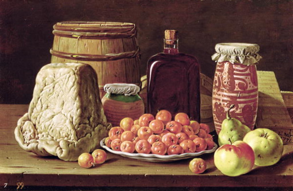 Detail of Still Life with Fruit and Cheese by Luis Menendez or Melendez
