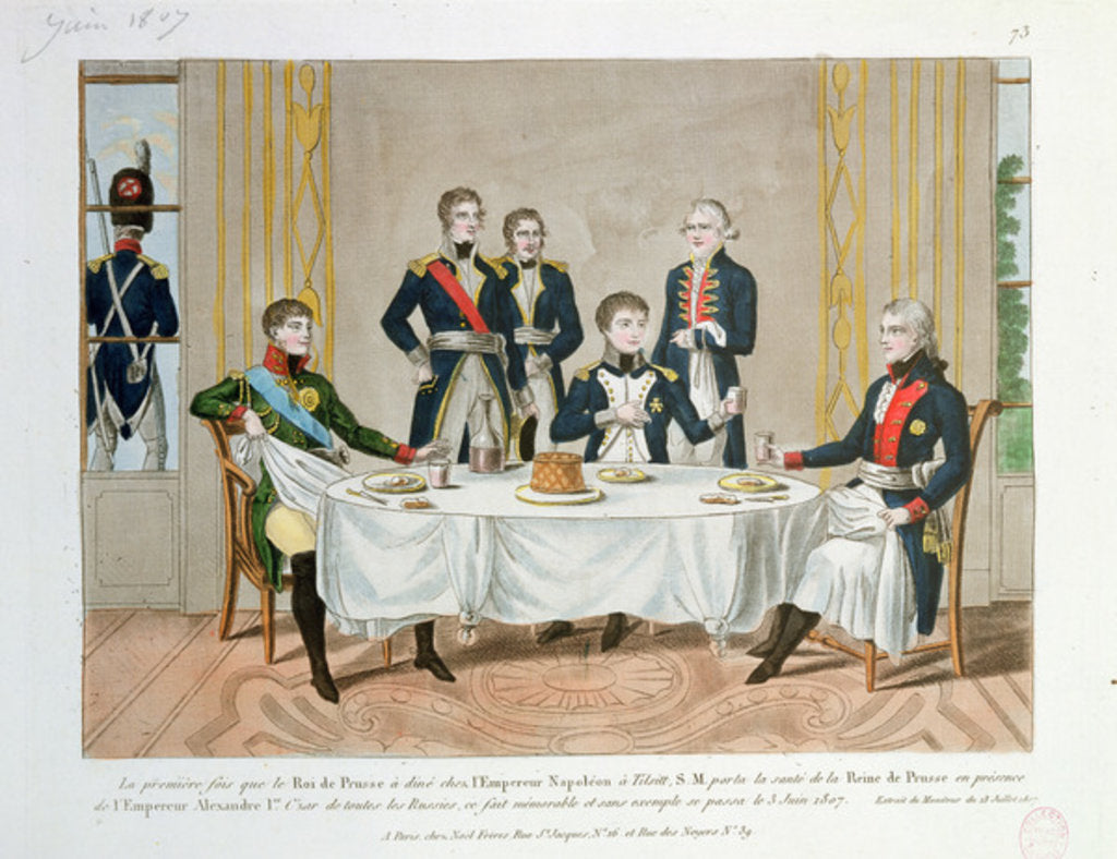 Detail of Dinner in Tilsit between Frederick William III of Prussia, Tsar Alexander I of Russia and Napoleon, who raises a toast to the Queen of Prussia, 3rd June 1807 by French School