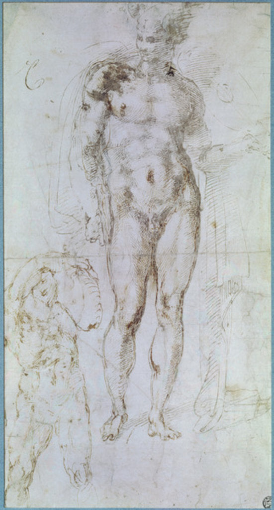 Detail of Study for Apollo standing nude with a cloak draped over his shoulders and the figure of a man carrying a burden by Michelangelo Buonarroti