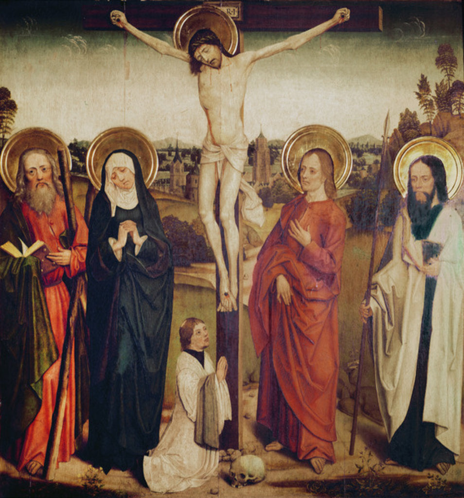 Detail of The Crucifixion, with Saint Andrew, Saint Matthew and a man kneeling at the foot of the cross by German School