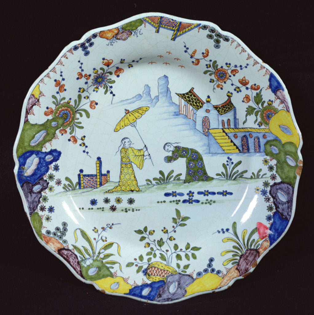 Detail of Plate, decorated in the Chinoiserie style, created in Rouen by French School