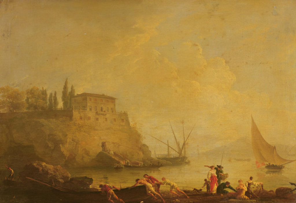 Detail of Seascape, sun set: fishermen pushing out a boat by Claude Joseph Vernet