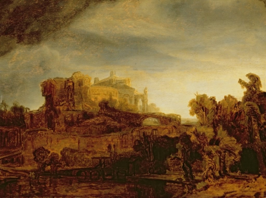 Detail of Landscape with a Chateau by Rembrandt Harmensz. van Rijn