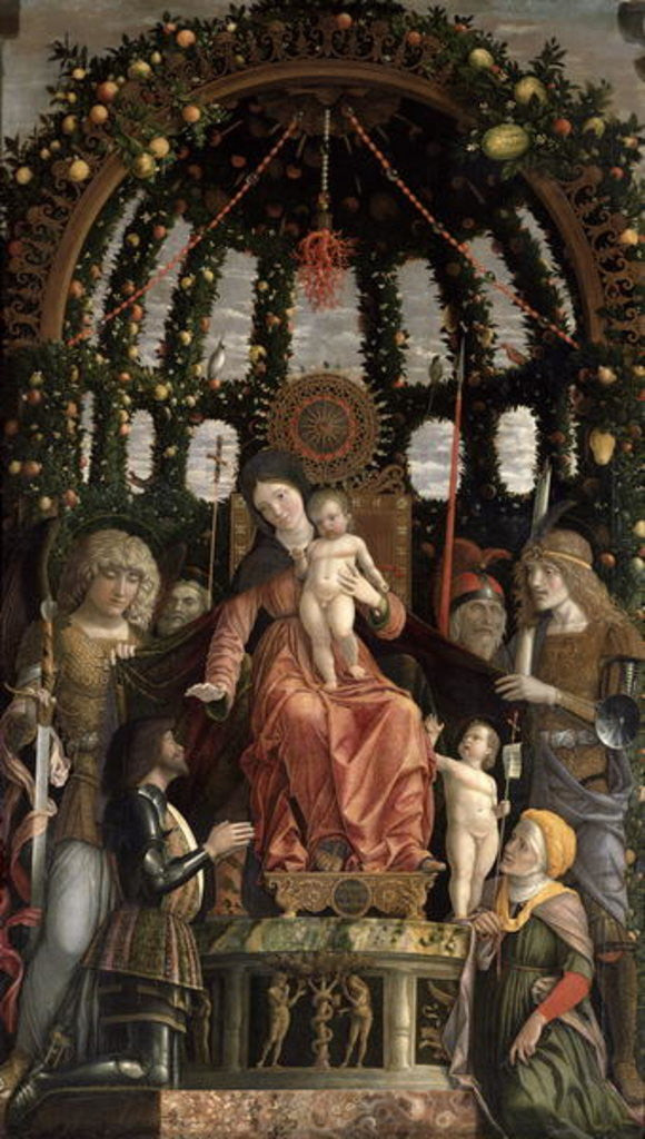 The Virgin of Victory or The Madonna and Child Enthroned with Six Saints and Adored by Gian-Francesco II Gonzaga by Andrea Mantegna