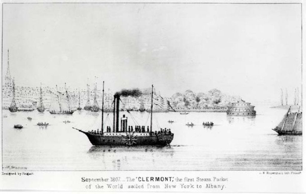 Detail of The 'Clermont', the first Steam Packet, sailing from New York to Albany in September 1807 by J.H. (after) Sherwin
