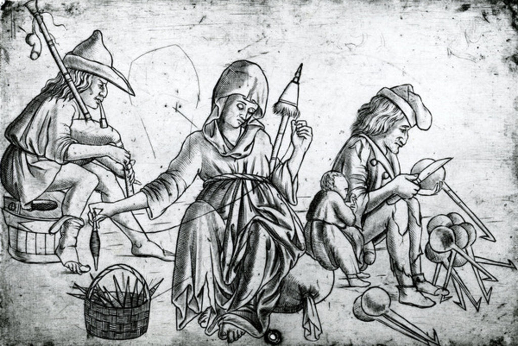 Detail of Scene with a musician playing the bagpipes, a woman spinning and a man carving spoons by Anonymous Anonymous