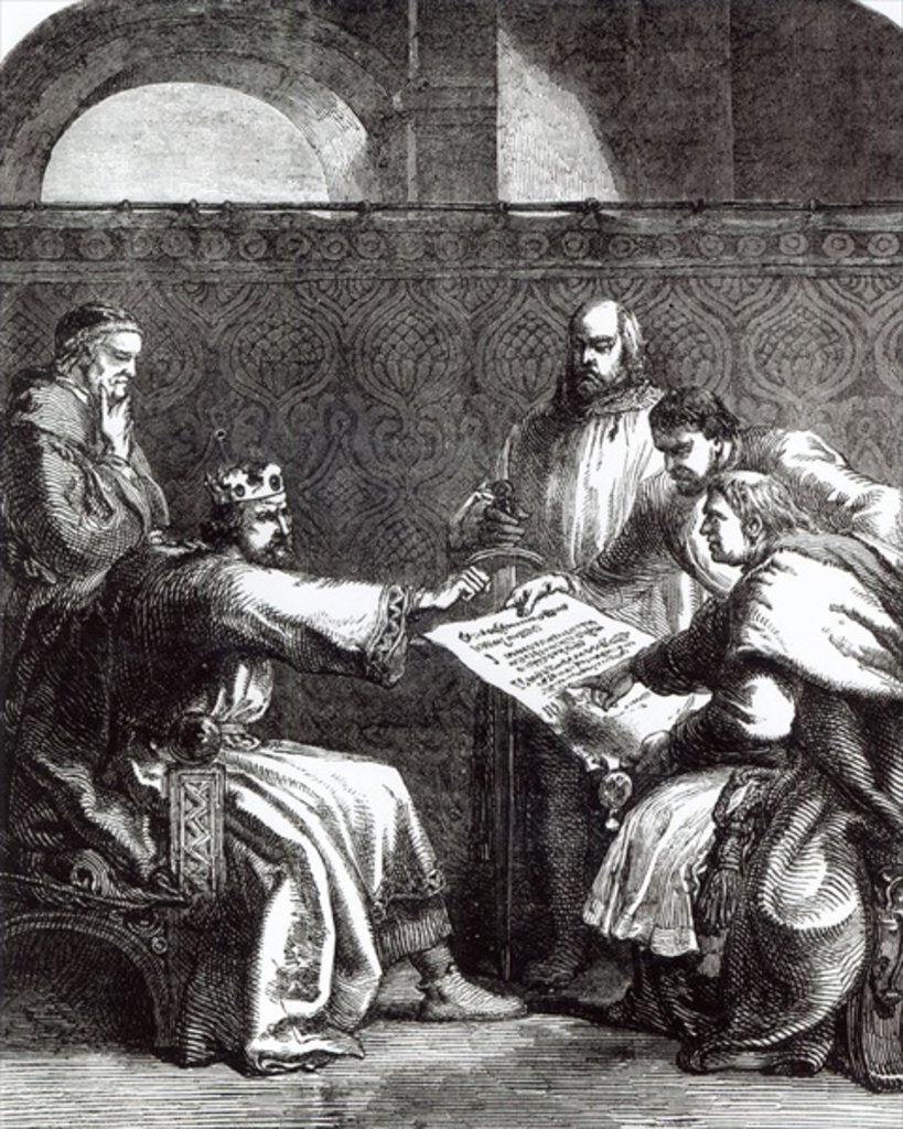 Detail of King John refusing to sign Magna Charta when first presented to him, 1215 by English School