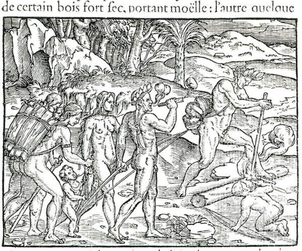 Detail of Indian Natives Making Fire After Hunting by Jacques Le Moyne
