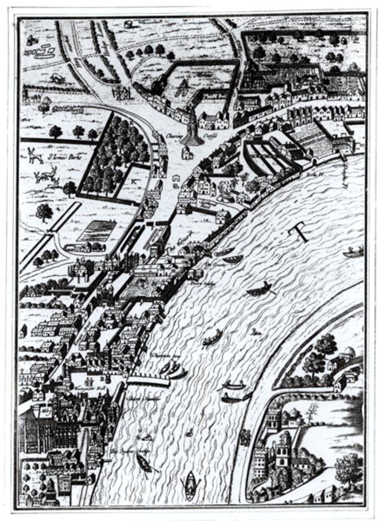 Detail of Bird's eye view of the River Thames and the surrounding area by English School