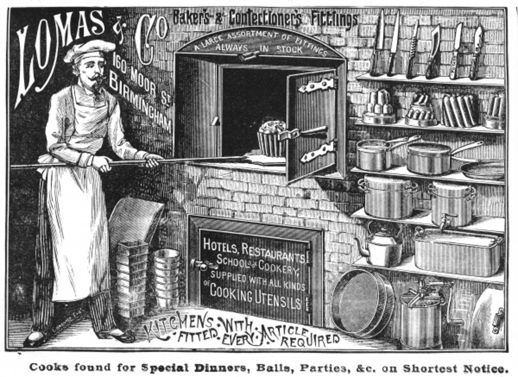 Detail of Advertisement for Lomas and Co., suppliers of kitchen equipment by English School