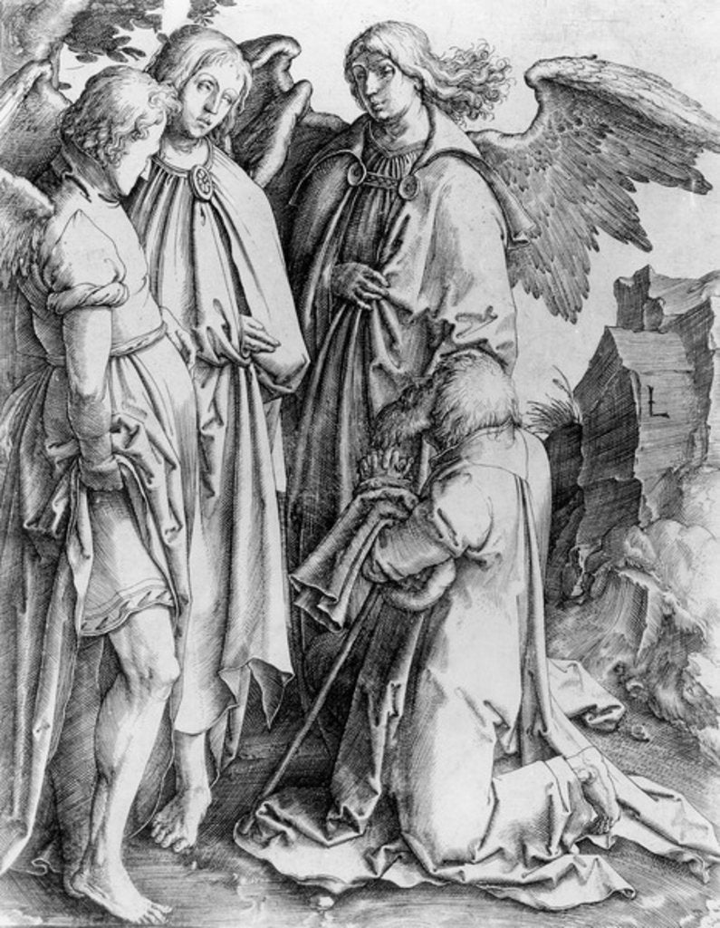Detail of Saint kneeling before angels by English School