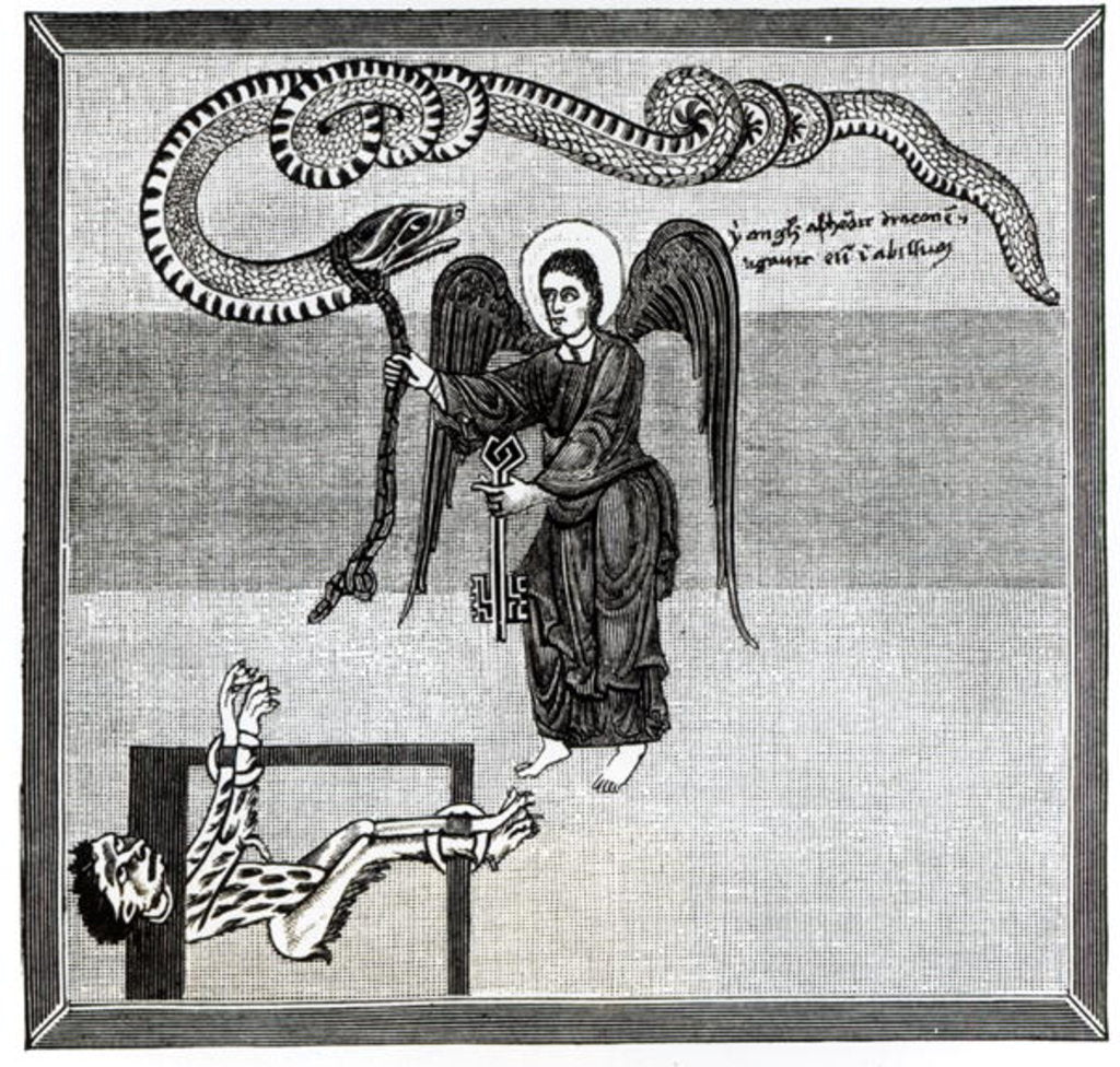 Detail of The Angel, holding the Keys of Hell, enchains the Devil, in the shape of a Dragon, in the Pit by (after) Spanish School
