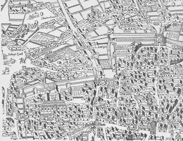 Detail of Detail of London Wall East of Smithfield from Civitas Londinium by Ralph Agas