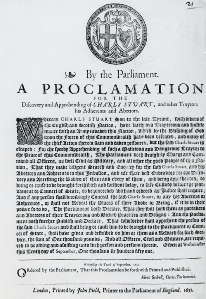 Detail of A Proclamation by the Parliament for the Discovery and Apprehending of Charles Stuart and other Traitors, Abdherents and Abettors, published 1651 by English School