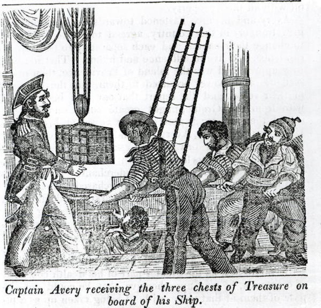 Detail of Captain Avery receiving three chests of Treasure on board of his Ship by English School