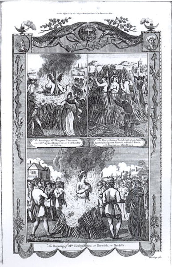 Detail of Men and women burned at the stake in 1557 by School English