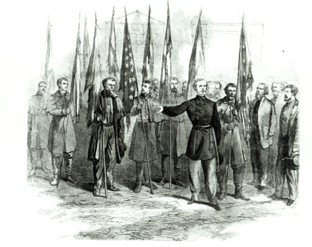Detail of General Custer presenting captured Confederate flags in Washington on October 23rd 1864 by Alfred Rudolph Waud