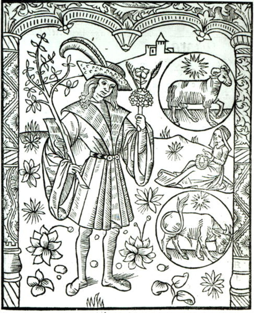 Detail of The month of April with its associated astrological sun signs of Aries and Taurus by French School