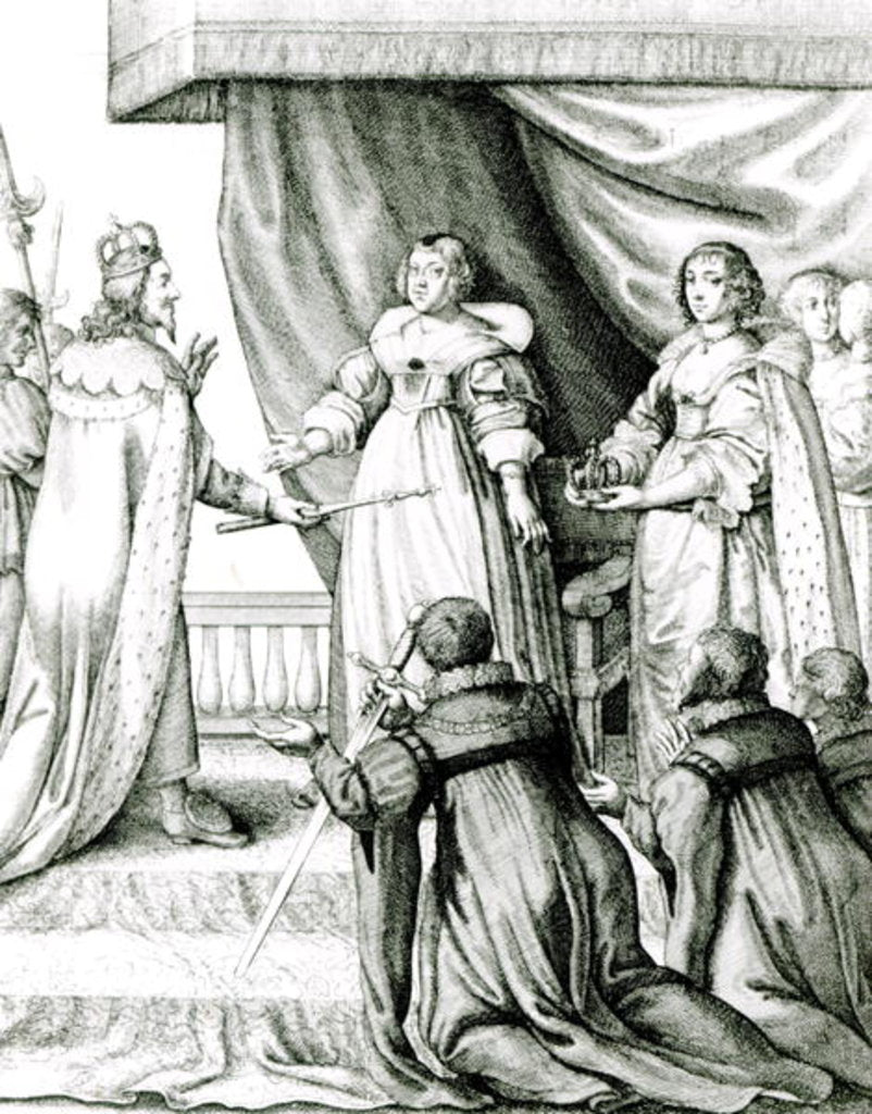 Detail of Charles I being given the sceptre and crown by French School