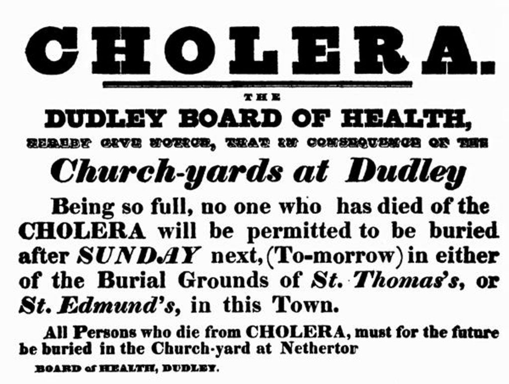 Detail of Dudley Board of Health poster announcing the burial procedure for people who have died of Cholera, c.1840's by English School