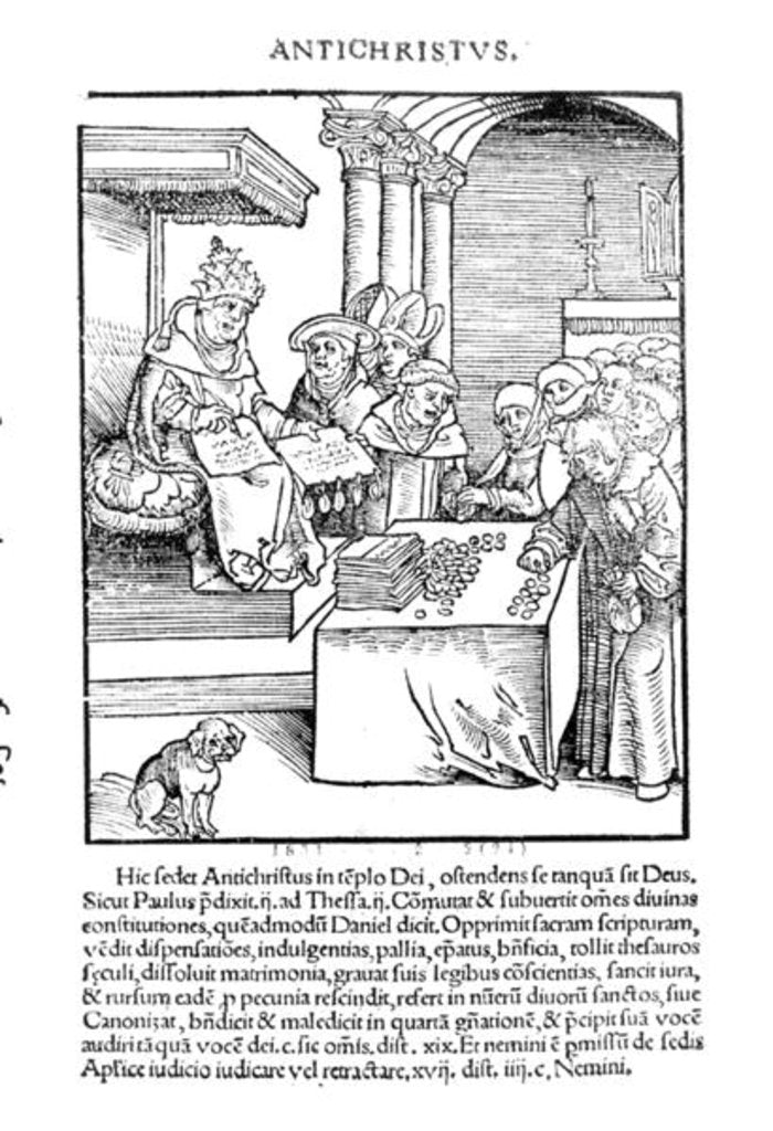 Detail of The Pope selling Indulgences from 'Passional Christi und Antichristi', published in 1521 by Lucas The Elder Cranach
