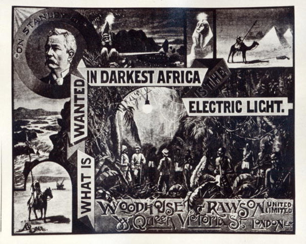Detail of What is Wanted in Darkest Africa is the Electric Light, advertisement for Woodhouse & Rawson ltd by English School