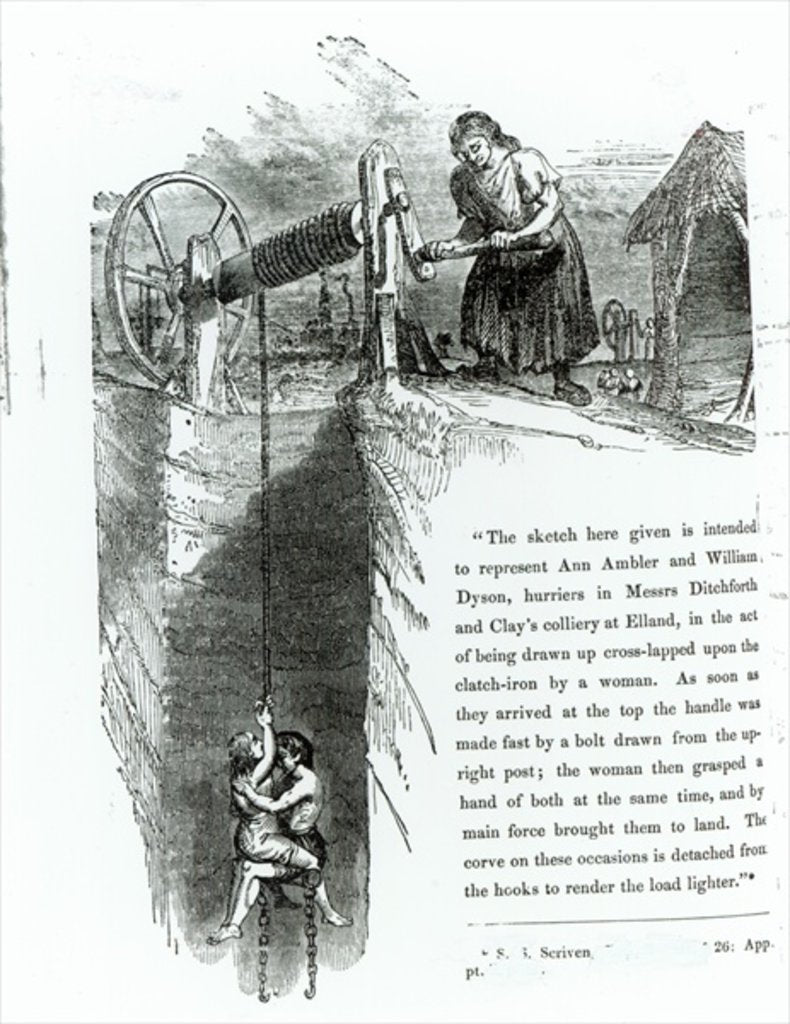 Detail of A boy and girl being wound up a mine shaft by English School