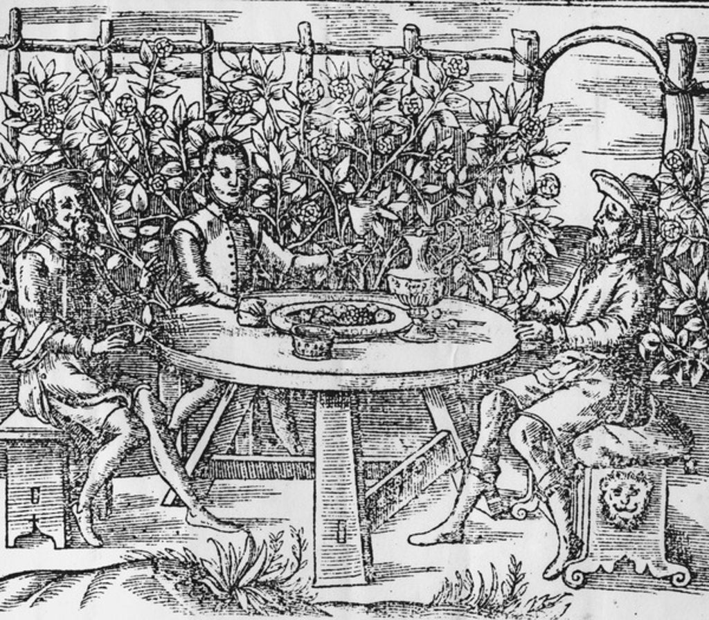 Detail of Relaxing in an arbour, 1577 by Thomas Hill