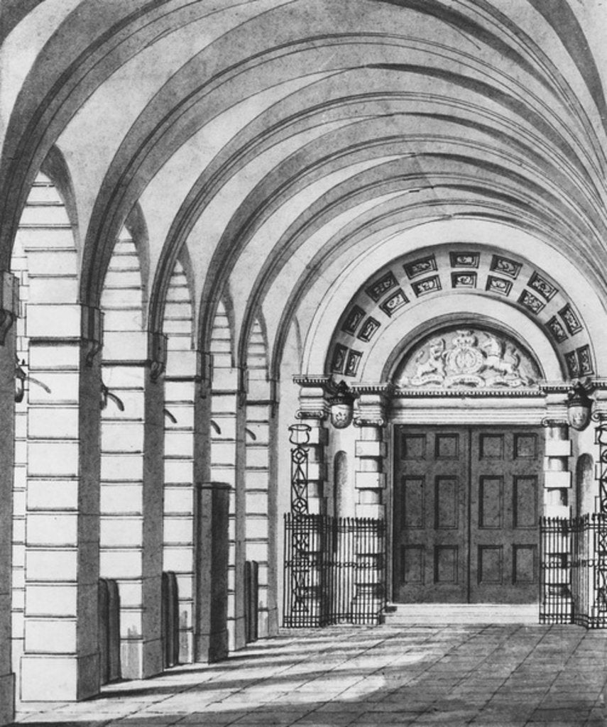 Detail of The Piazza Entrance to Covent Garden Theatre in the year 1808 by Thomas Hosmer Shepherd