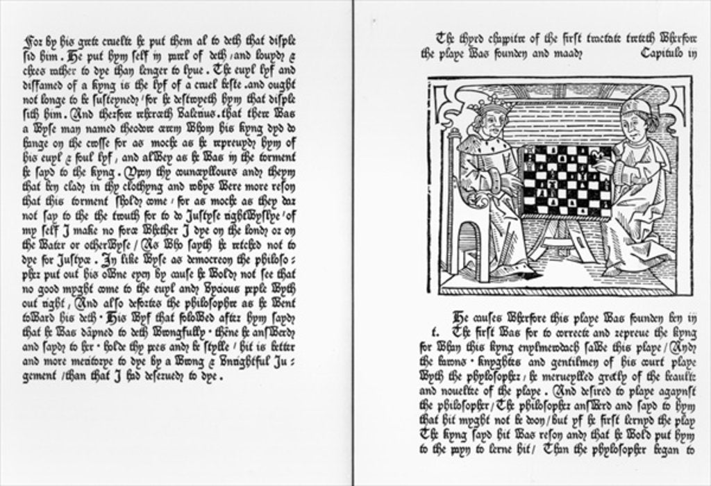 Detail of Pages from the English translation of 'De Ludo Saccorum' by Jacques de Cessoles, including an illustration of two people playing chess, c.1483 by English School