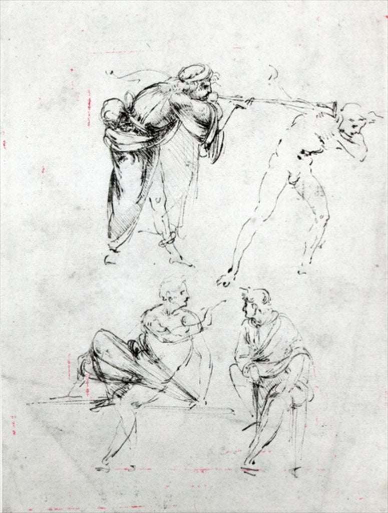 Detail of Study of a man blowing a trumpet in another's ear, and two figures in conversation, c.1480-82 by Leonardo da Vinci