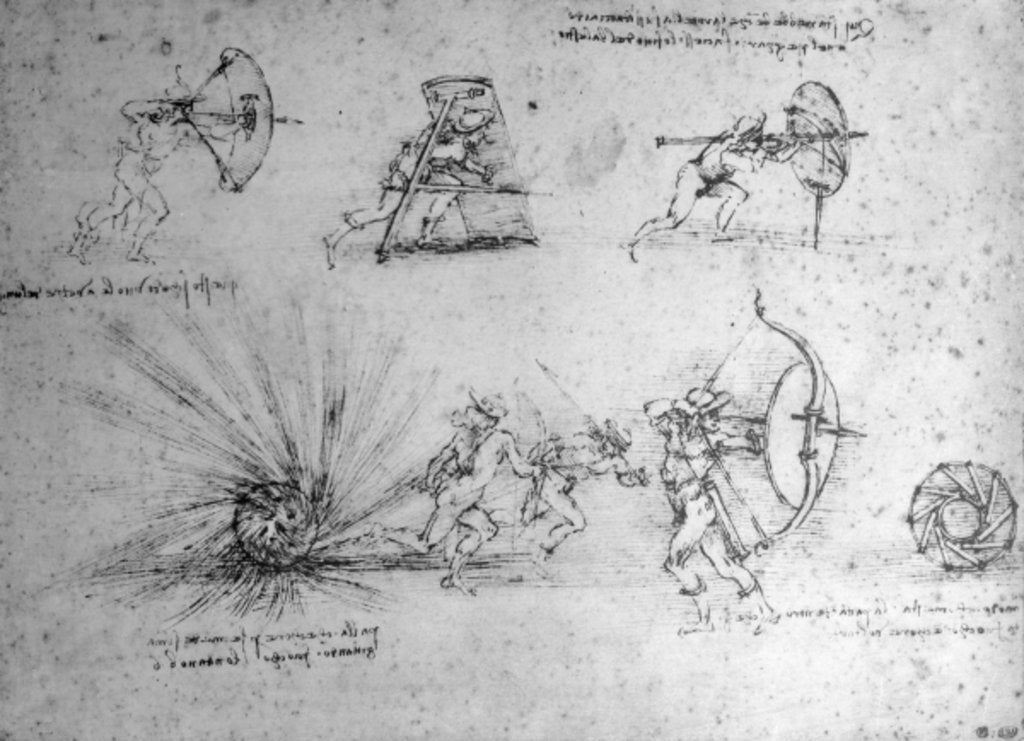 Detail of Study with Shields for Foot Soldiers and an Exploding Bomb, c.1485-88 by Leonardo da Vinci