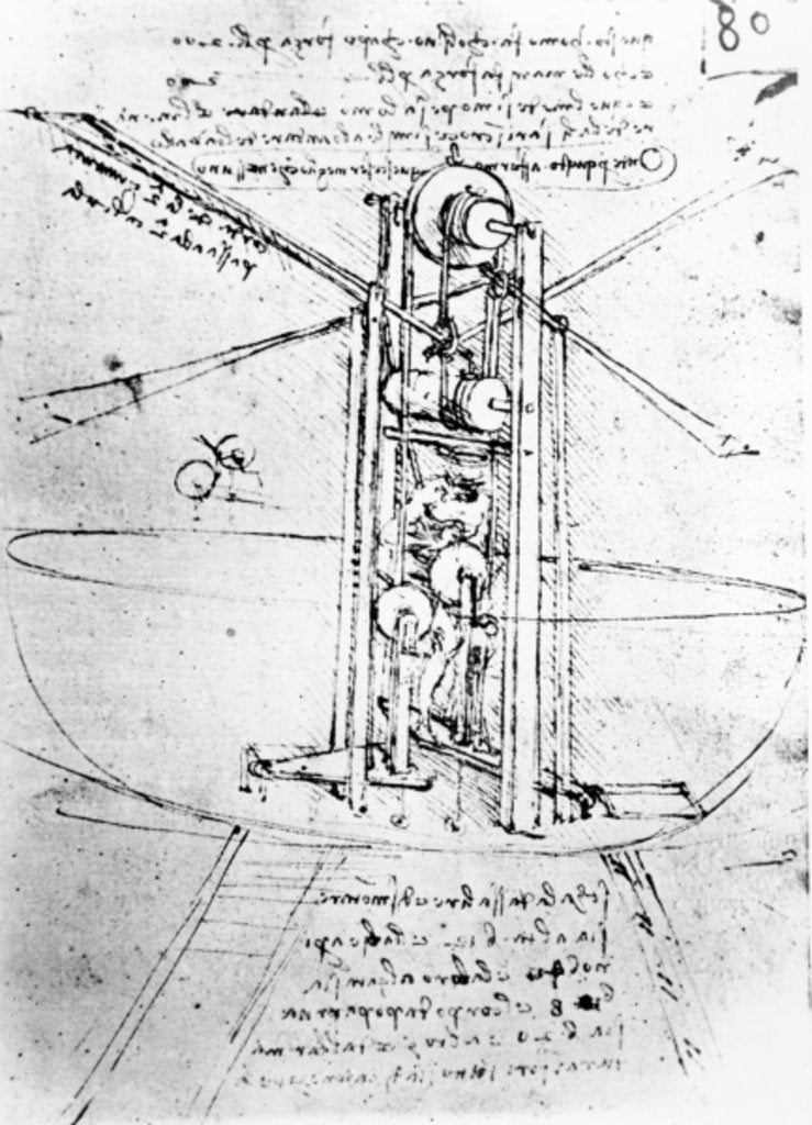 Detail of Vertically standing bird's-winged flying machine, fol. 80r from Paris Manuscript B, 1488-90 by Leonardo da Vinci